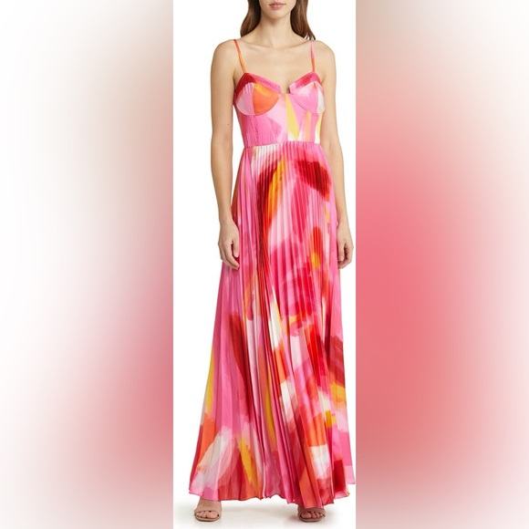 Hutch mali bustier Pink and Orange watercolor pleated Satin Gown - Picture 6 of 12